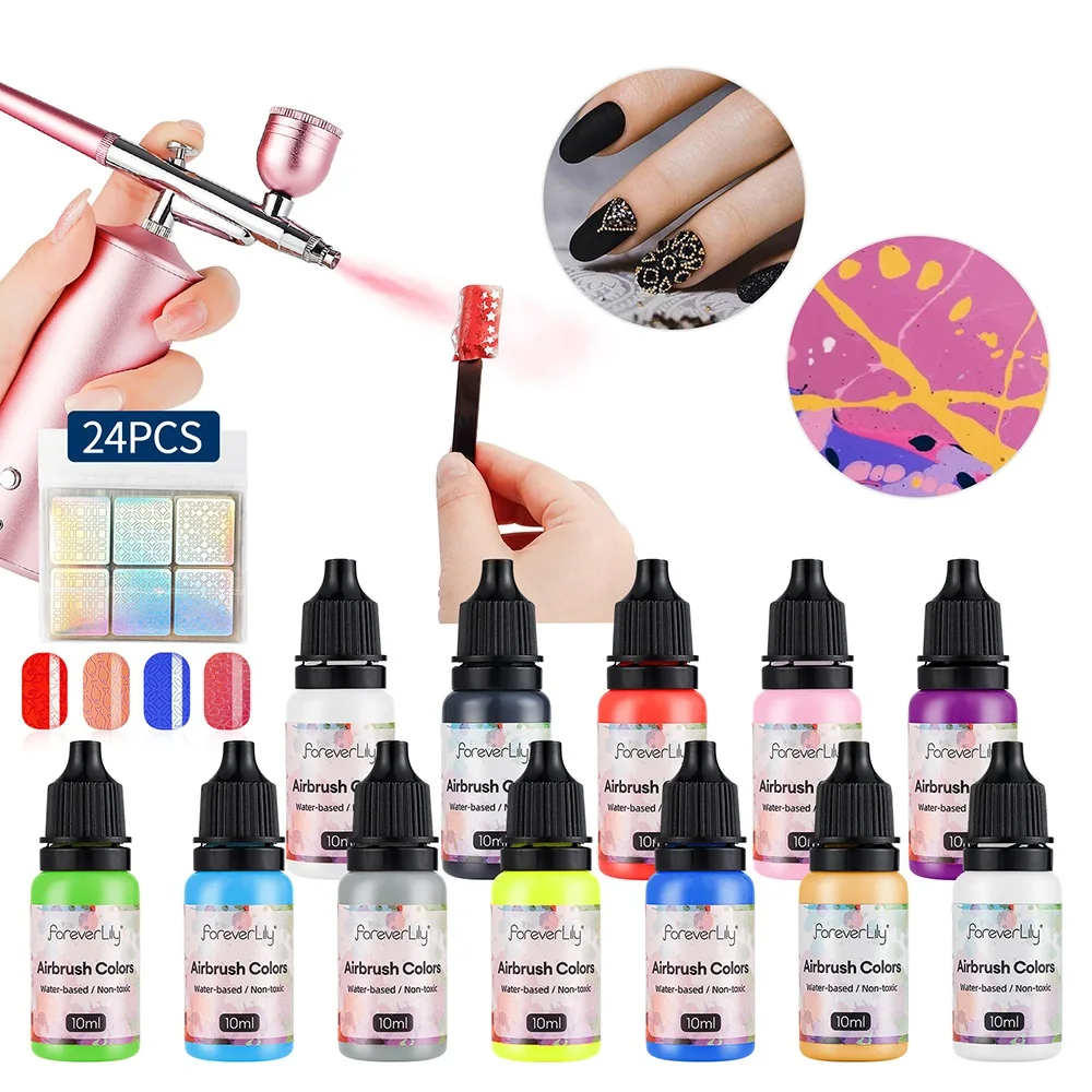 24 Colors Airbrush Nail Ink 10ML Nail Polish Paint Use For Airbrush Spray Gun Nail Art Color Paint Hollow Pattern Manicure Tool