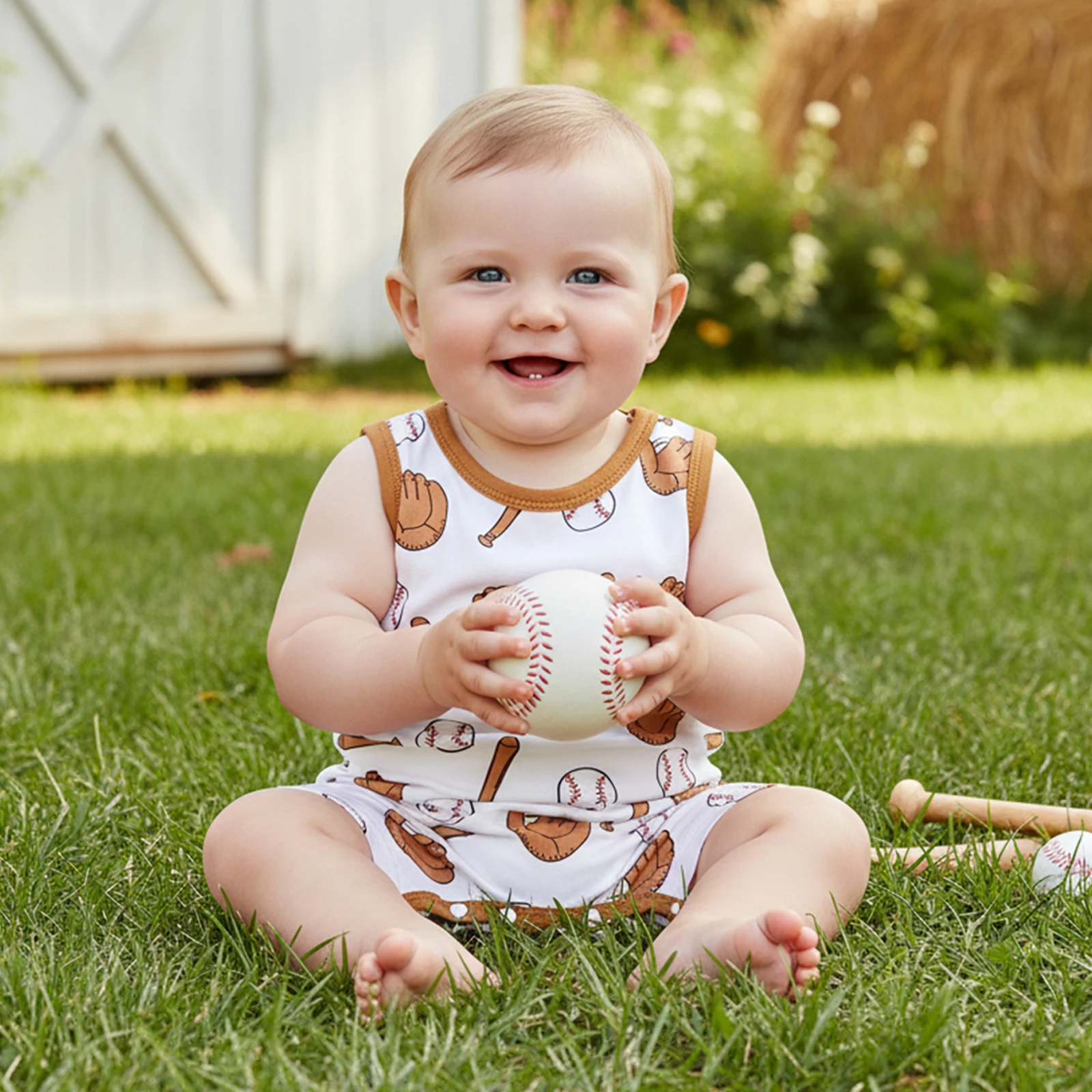 

Комбинезон для маленьких мальчиков, летний комбинезон без рукавов с круглым вырезом и бейсбольным принтом, одежда для повседневного повседневного использования