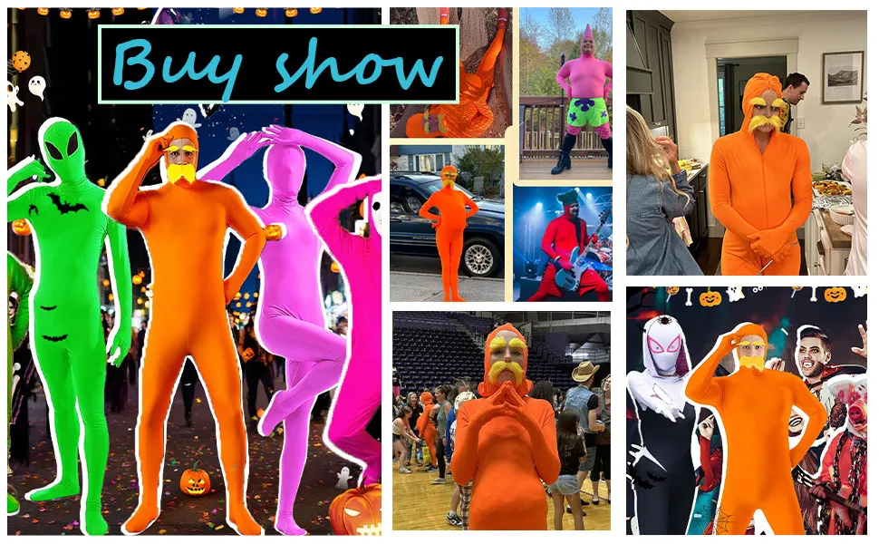 ชุดบอดี้สูทสีส้ม ชุดแฟนซีสีส้ม หนวดและคิ้วสีเหลือง ชุดบอดี้สูทฮาโลวีน ชุดคอสเพลย์สีส้ม