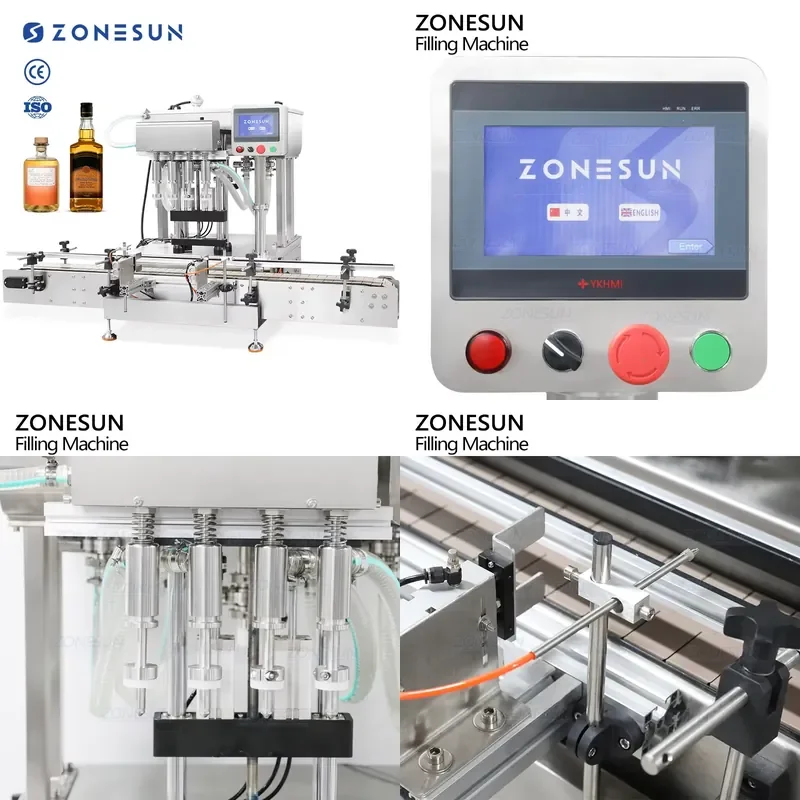 2026 Hot ZS-DTGZ400 Tabletop Automatic Liquid 4 Heads Whisky Spirit Wine Bottle Gravity Siphon Overflow Filling