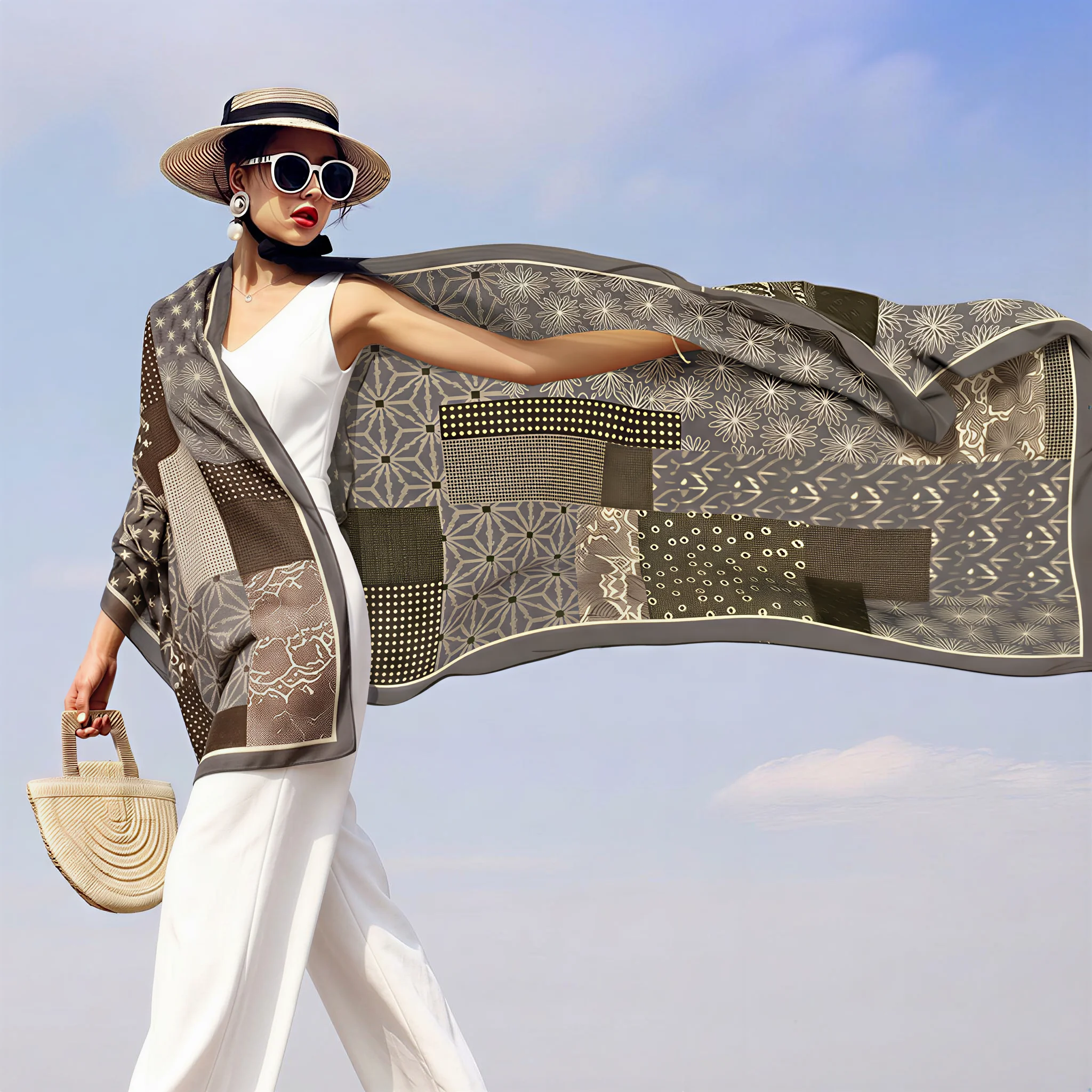 

Women's Luxury Geometric Print Scarf Shawl Brown Grey Floral Patchwork Foulard Femme Lightweight Sunscreen Large Soft Scarf