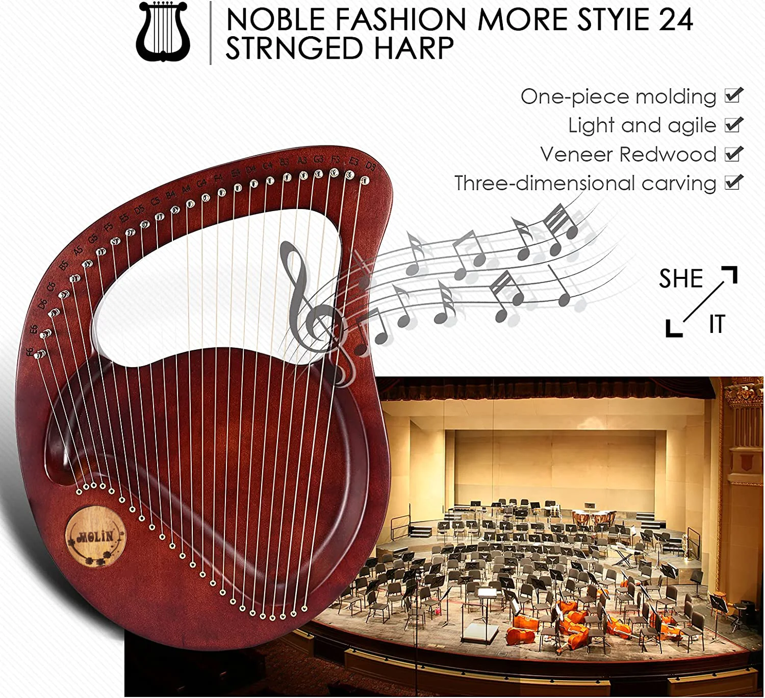 24 Strings Lyre Piano Lyre Harp Wooden Mahogany 21 Strings Harp Musical Beginner Instrument With Matching Gifts