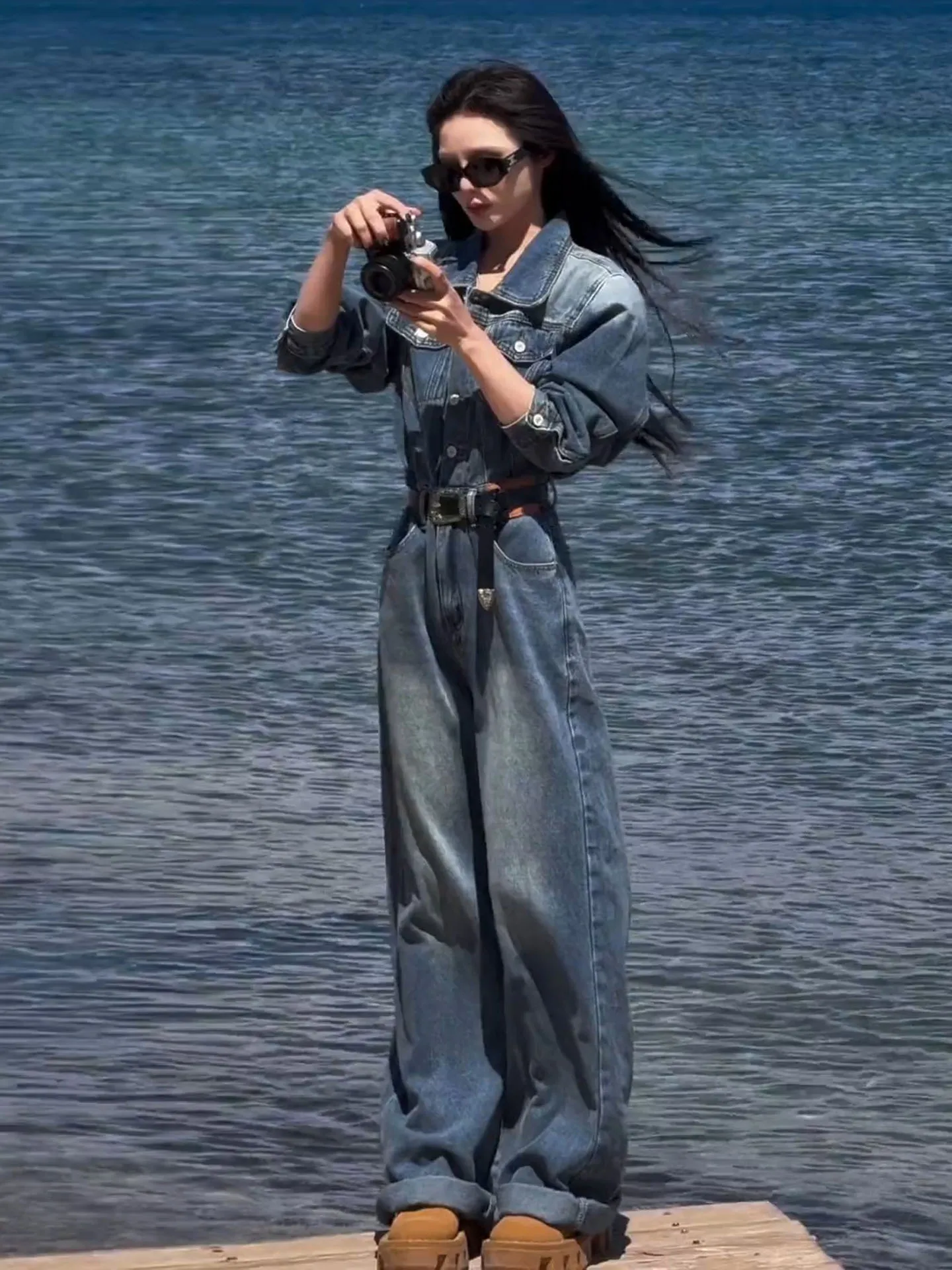 Mono vaquero Retro americano Waed para mujer, traje de una pieza de pierna ancha, holgado, informal, adelgazante, pantalones largos de cintura alta, corte recto