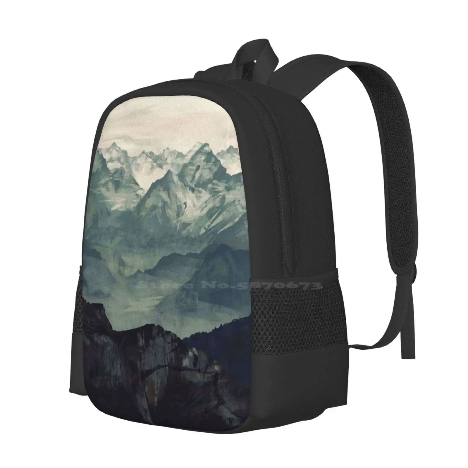 Mountain Fog Backpack For Student School Laptop Travel Bag Fog Nature Blue Black Green Winter Snow Landscape Rocks Micaela Dawn