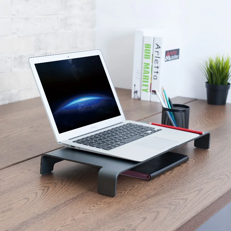 

Integrated Aluminum Monitor Riser Laptop Stand Desktop Shelf Office Workstation Holder Solid One Piece Support Heavy Duty