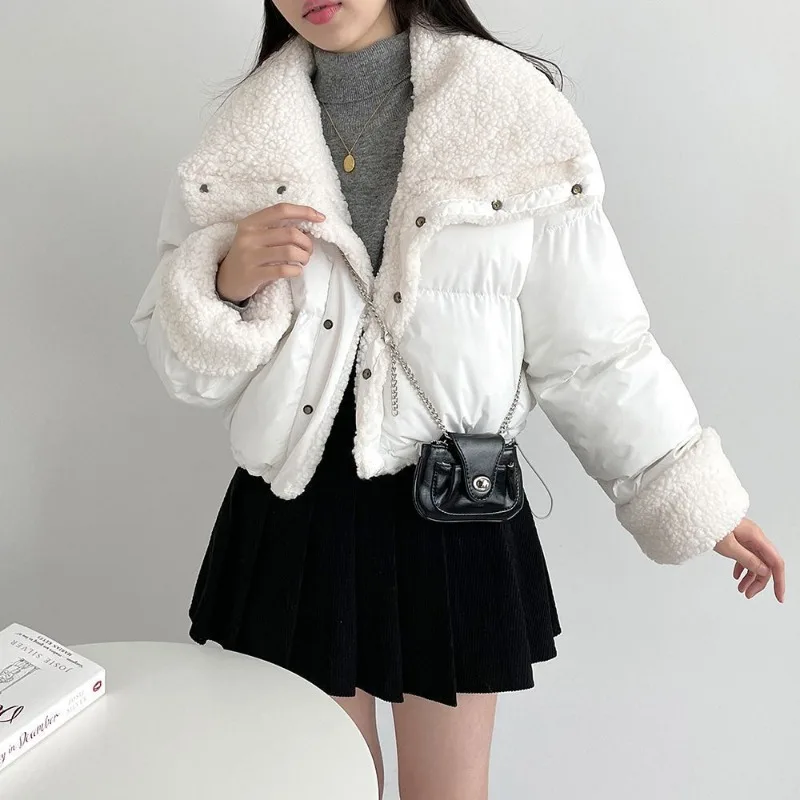 Lamb Fur Patch Lapel Down Jacket for Women in Short Style, Double-sided Wear, Cotton Fabric, Winter New Design, Thickened Coat