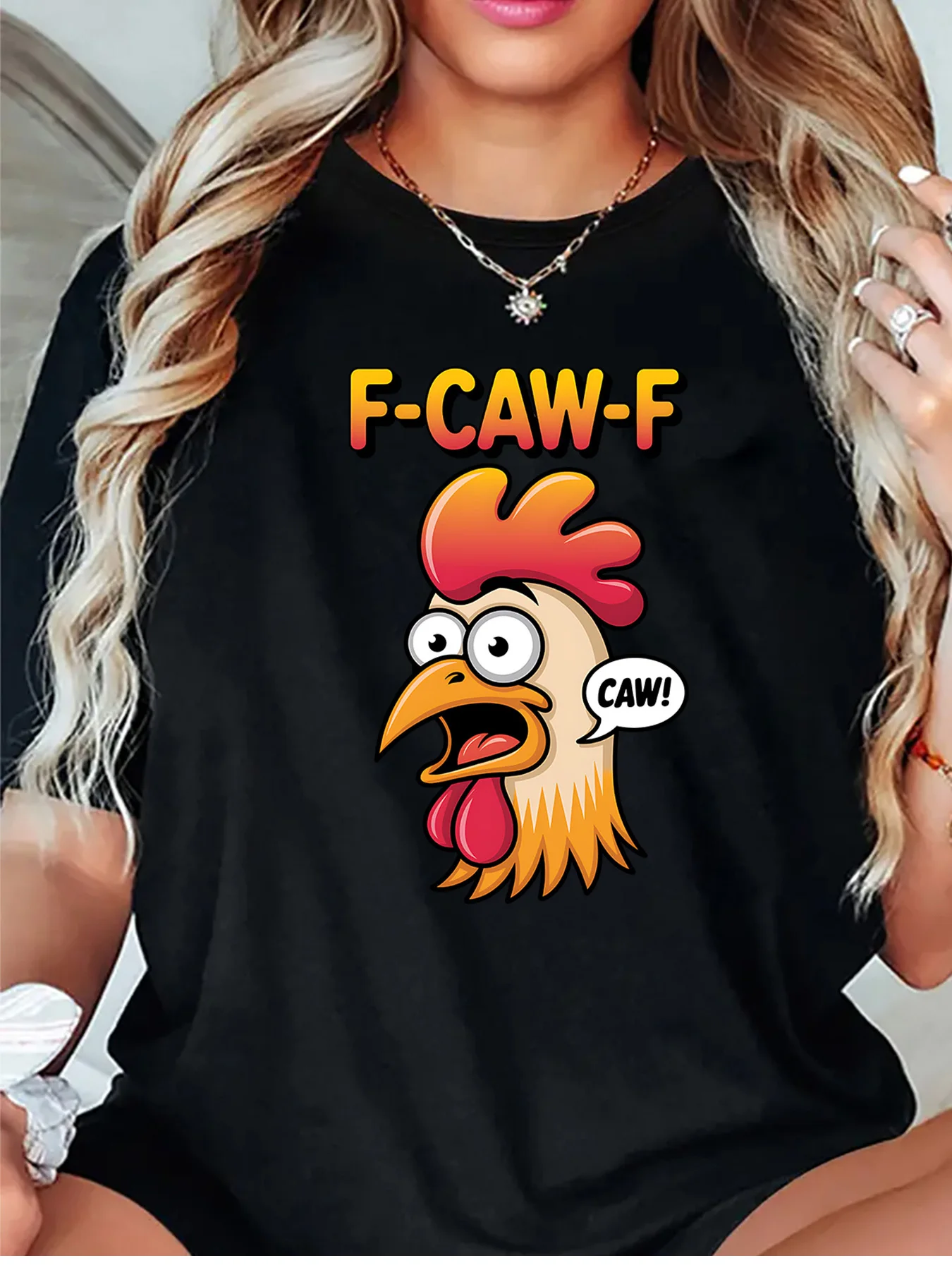 Funny F Caw F Screaming Rooster Head Cartoon Art Print Graphic Womens T Shirt Short Sleeve Crew Neck Casual Ladies Tee Tops