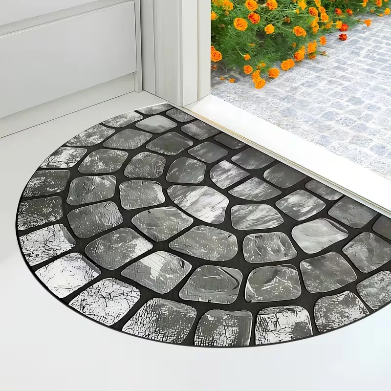 2D Flat Vintage Semi-Circle Door Mat Welcome Rug with Non-Slip Stone Pattern Very Suitable for Living Room Bedroom Home Decor