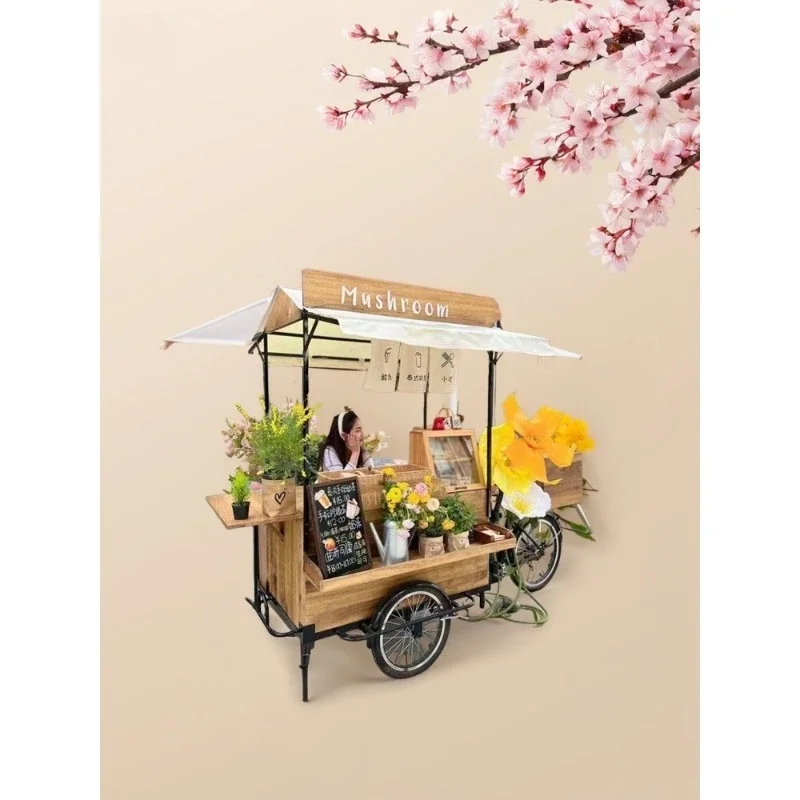 American retro solid wood mobile reverse riding three-wheeled dining car coffee bread stall night market scenic mobile car