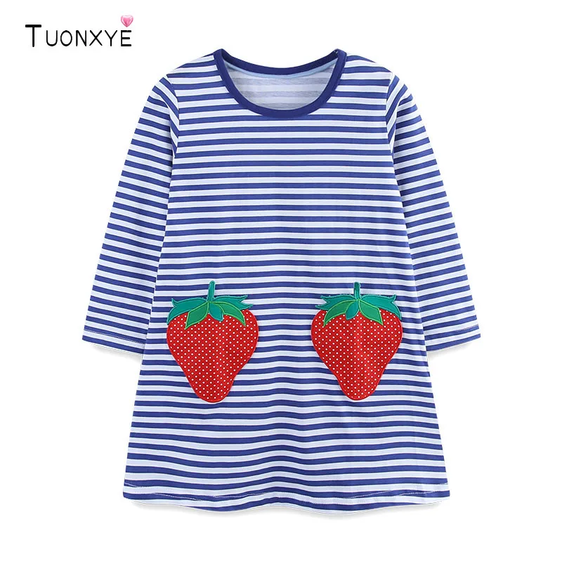 TUONXYE Toddler Baby Girls Cotton Striped Long Sleeve Dress Cute Strawberry Pocket Kids Casual Dresses Autumn Children Clothing