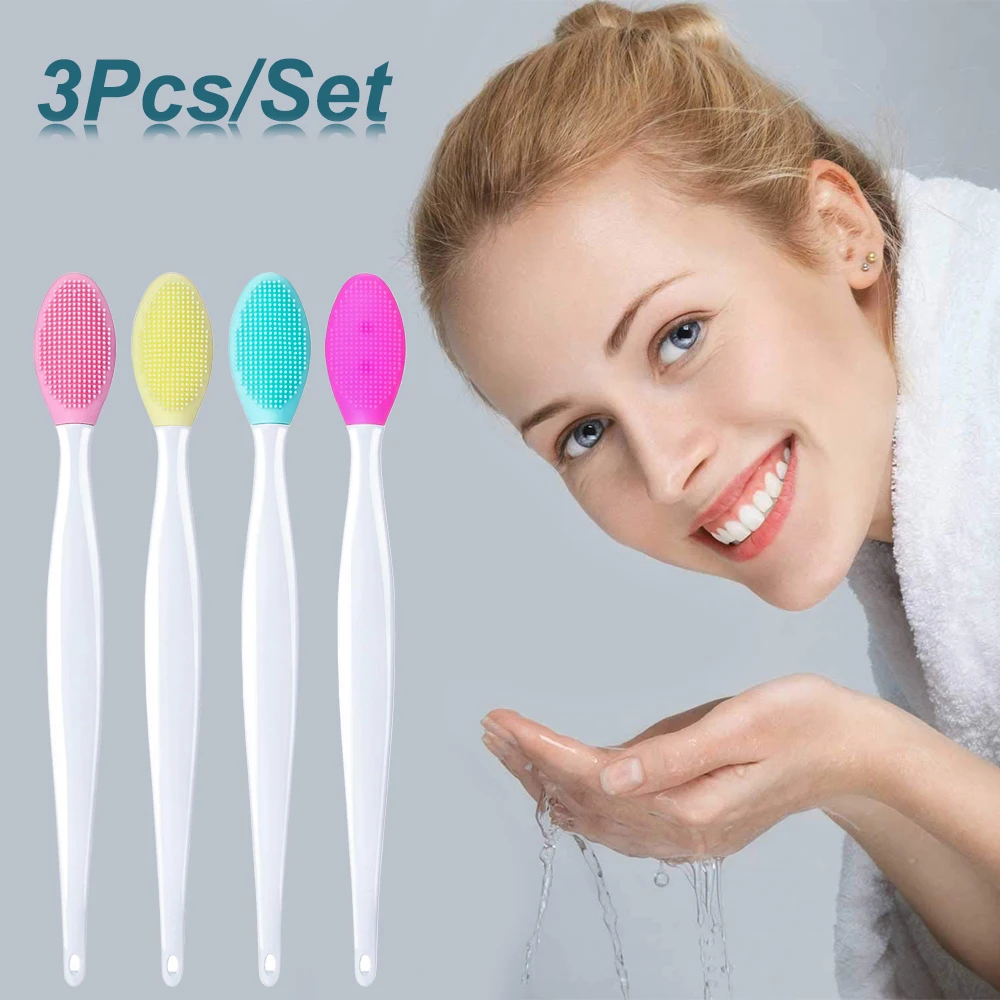 3Pcs Silicone Lip Brush Tool Double Sided Soft Lip Brush Facial Scrubbing Cleaning Exfoliating Facial Beauty Makeup Brush