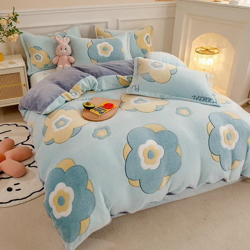 Flannel Coral Fleece Warm Winter Thick Duvet Cover Single Double Queen King Size Quilt cover Double Sided Velvet Bedding