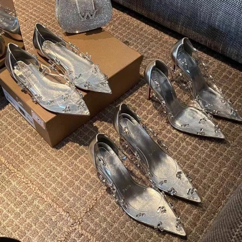 

Silver rhinestone transparent pointed red sole high heels for womens new sexy temperament banquet slim heel crystal single shoes