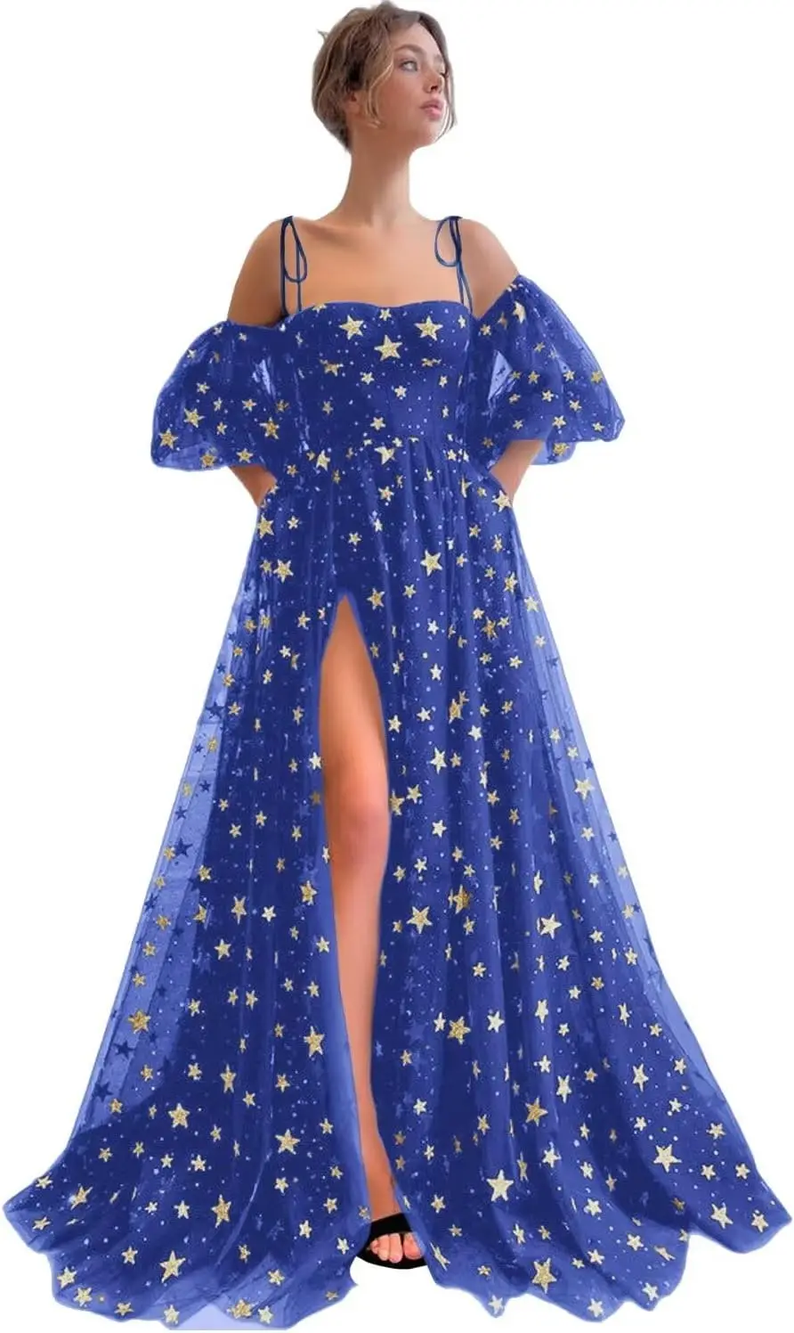 

Блестящие тюлевые платья для выпускного вечера со звездами на бретельках для женщин, вечернее платье с разрезом и длинными пышными рукавами, блестящая звезда