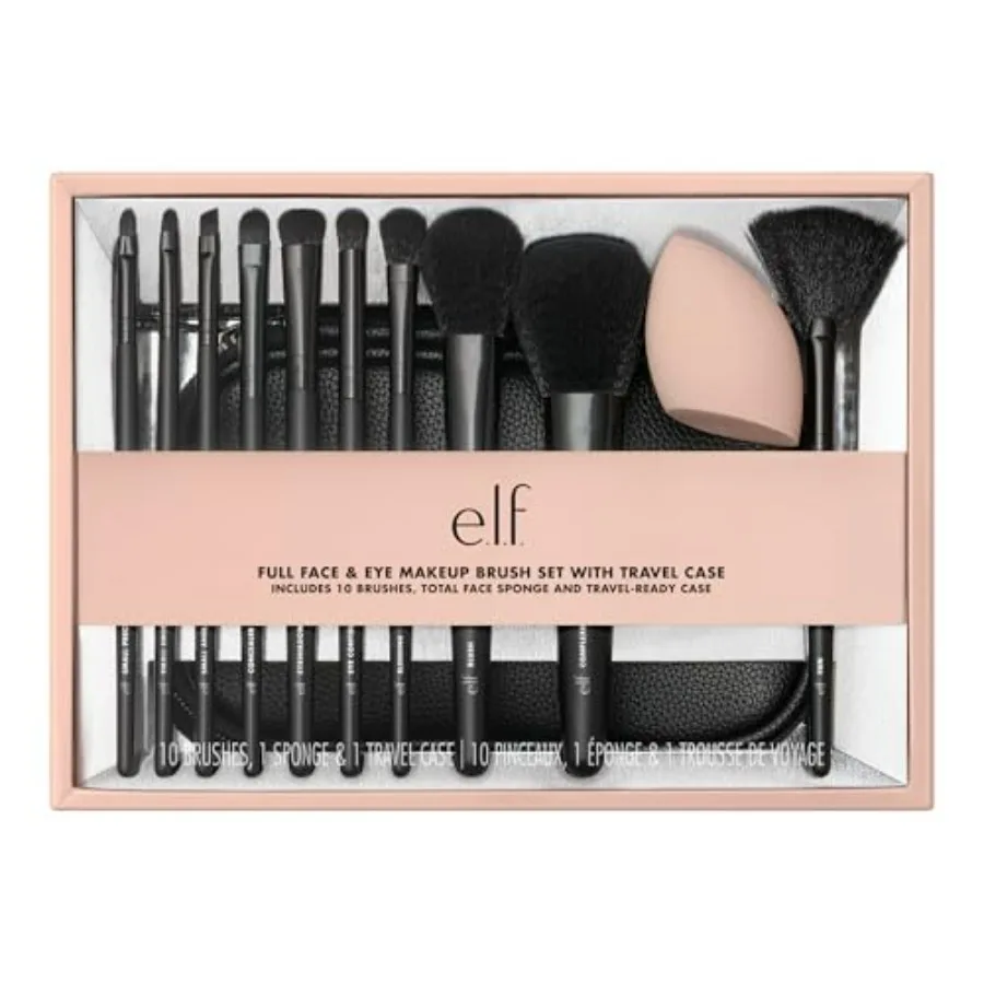 

Full Face and Eye Makeup Brush Set with Travel Case, 11 Face and Eye Brushes For Creating A Full Face Makeup Look, Vegan and Cr
