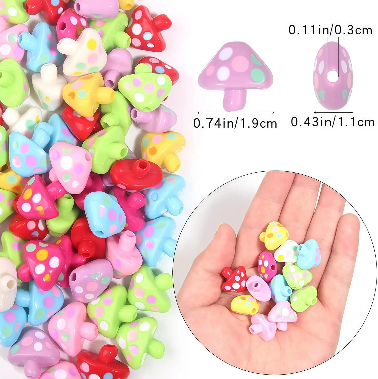 

50pcs acrylic mushroom bead colored polka dot pattern vertical hole DIY jewelry making bracelet, necklace, keychain, pen