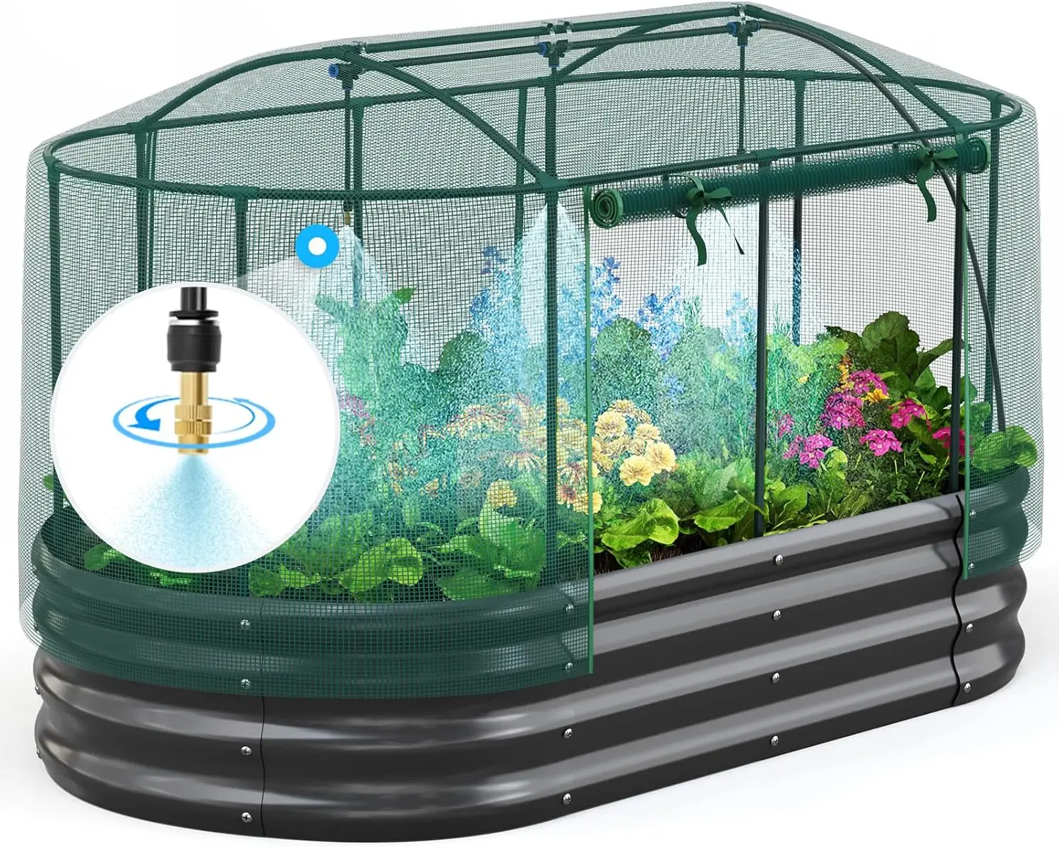 

Большая овальная металлическая грядка-клумба с системой самополива и сетчатым покрытием, 6x3x1 фут, для овощей, трав и цветов