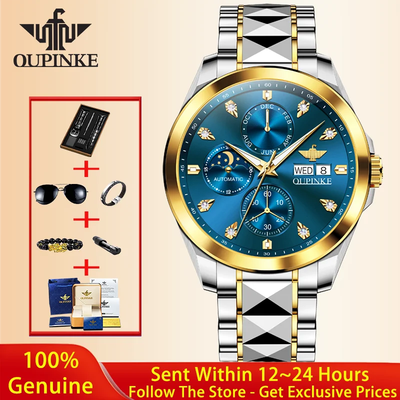 OUPINKE 3298 Luxury Men Mechanical Watch Classic Multi functional Waterproof Luminous Moonphase Watch Top Sports Brand Men Watch