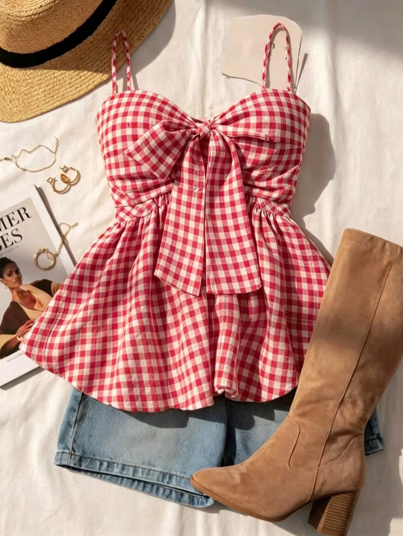 Sweet Style Plaid Strap Vest New Arrival Waist-Cinching Butterfly Bow Hem Short Top Women's Fashion Trend