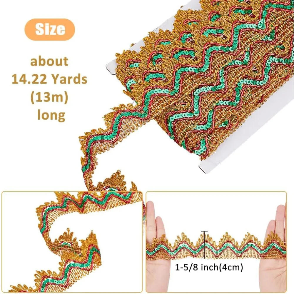 14.22 ياردة (13 متر) الأخضر الترتر الدانتيل تقليم 4 سنتيمتر عرض متفوقا الدانتيل تقليم مطرز شريط قماش بريق معدني الزخرفية Gimp تقليم