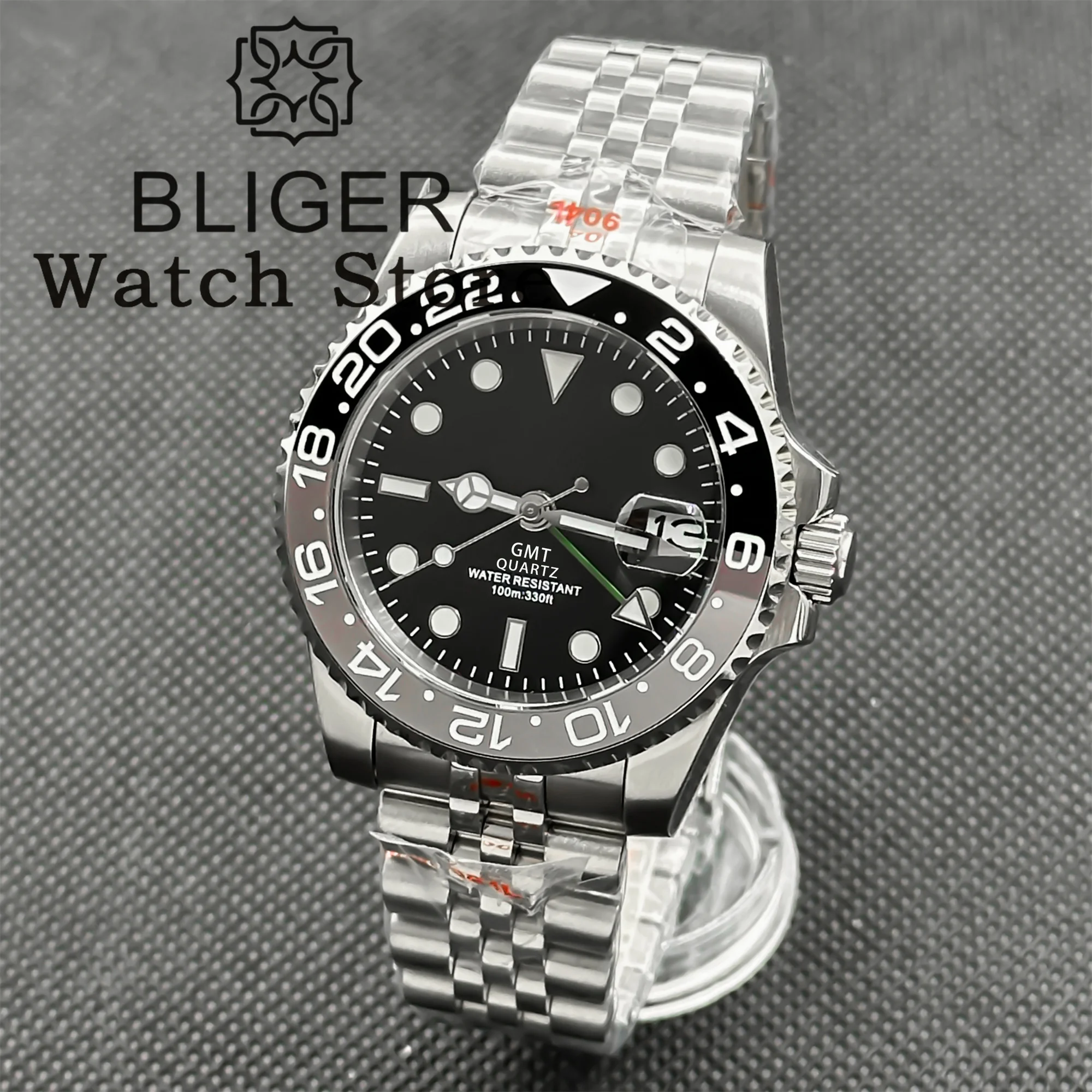 BLIGER 40mm Ronda 515 Quartz Men's Watch Ceramic Luminous Bezel Sapphire Glass Black Dial Red Green GMT Hand Waterproof Watch