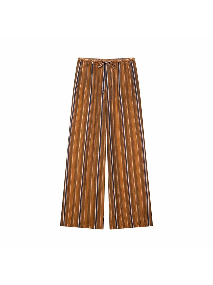 Damen Herbstmode Gestreifte Weite Schlaghose mit Hoher Taille und Kordelzug Lässige Damenhose