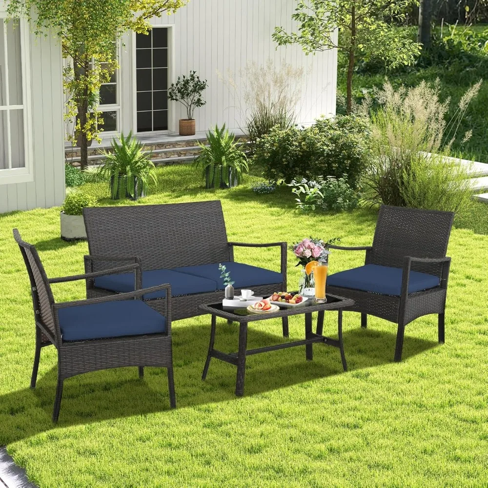 

4-piece outdoor conversation set, terrace PE wicker sofa with tempered glass coffee table, including soft seat cushion