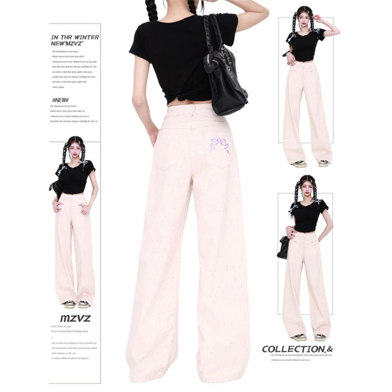 

NEW Hip Hop Y2K Korean Retro Pink Jeans Womens American Style High Street Embroidery Loose Straight Wide Leg Mopping Trousers