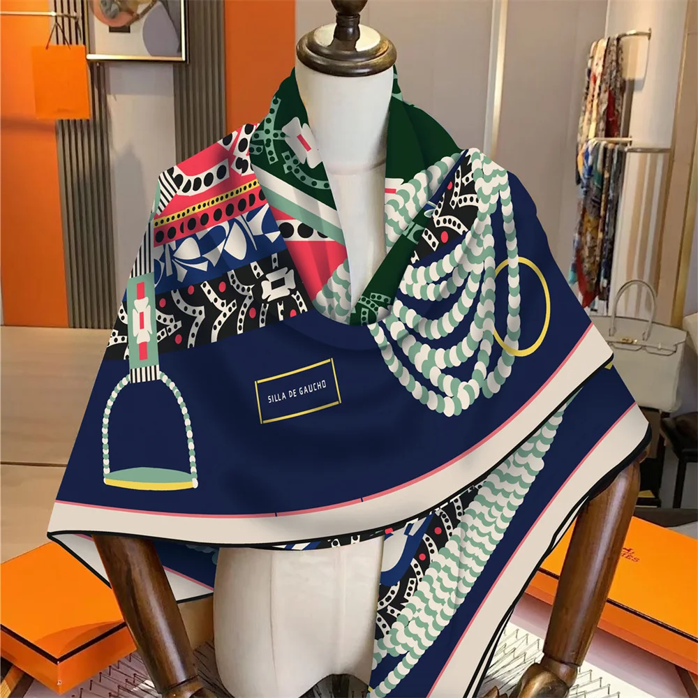 シルクカシミヤスカーフ女性手動手巻きショール馬サドルスクエアスカーフラップバンダナ高級ブランドヒジャーブ女性スカーフ