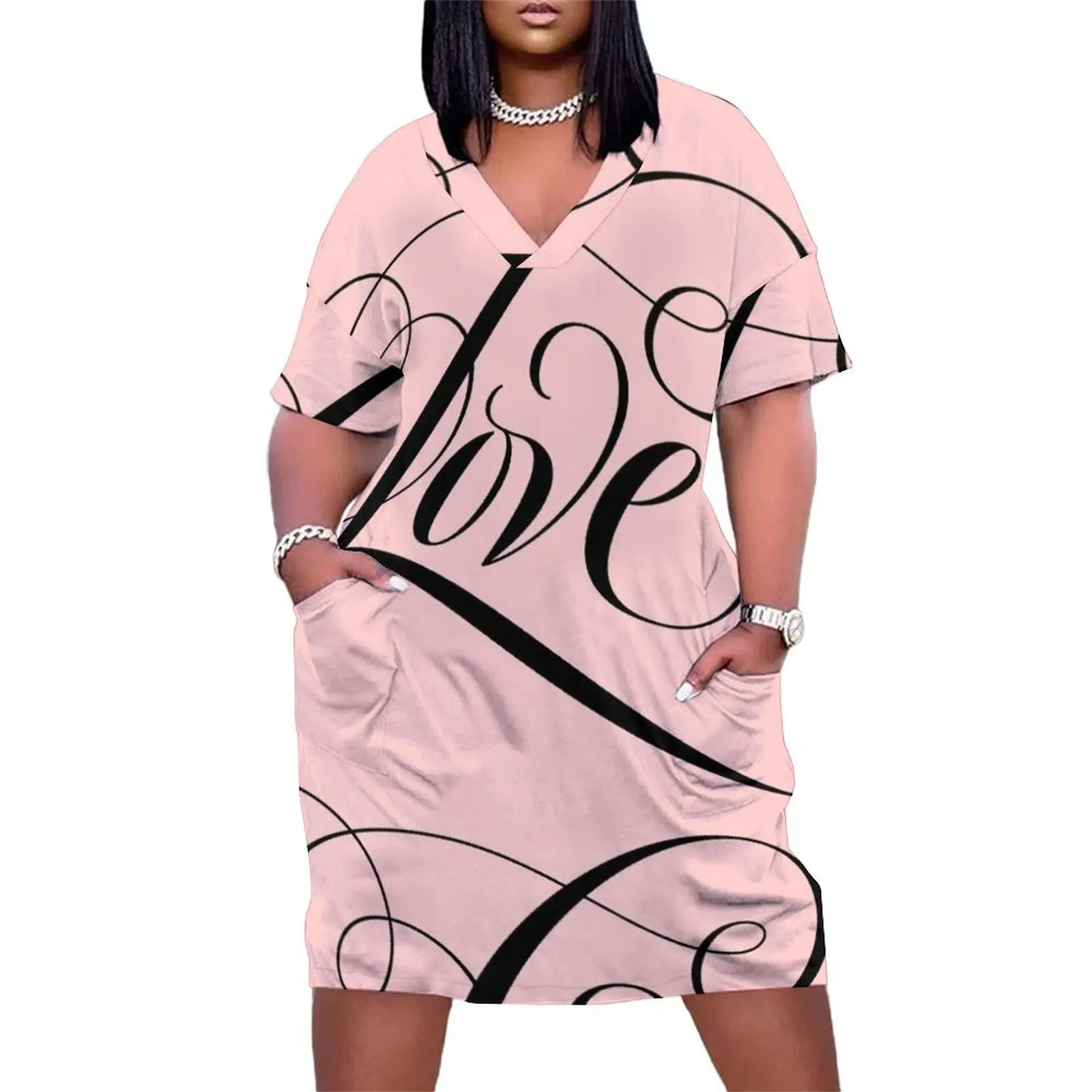 

Romantic Black LOVE Calligraphy Script Lettering Blush Pastel Pink Loose Pocket Dress women formal occasion dresses