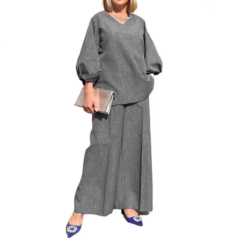 Pantaloni lunghi in vita elastica a maniche lunghe con bolle di moda autunnale Set da 2 pezzi Pantaloni lunghi a gamba larga allentati casual retrò Abito da ufficio da donna