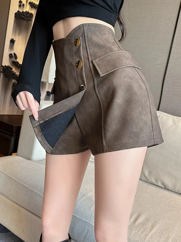 

Коричневая юбка из искусственной кожи с высокой талией, А-силуэт, женская, весна-осень, асимметричный дизайн, удобная посадка, корейский стиль