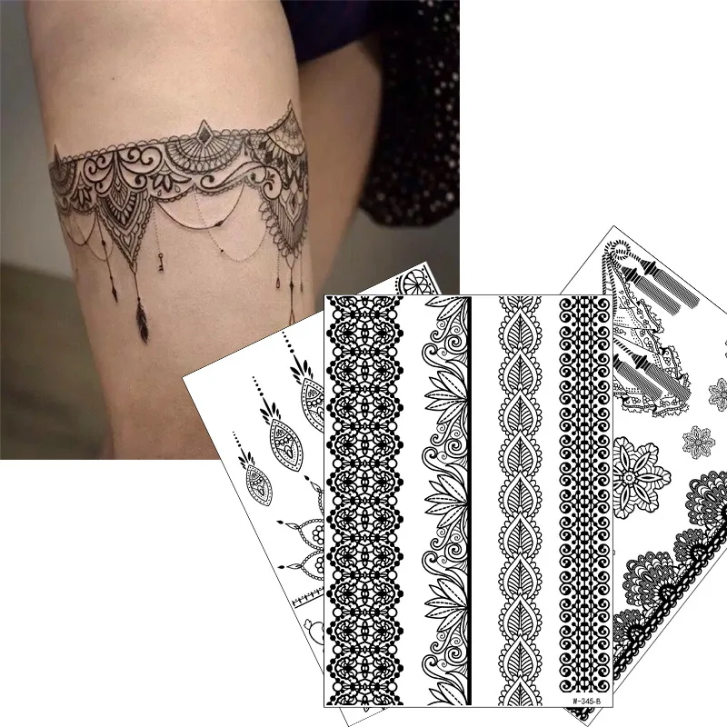 Sexy Party Black Hollow Henna Lace Tattoo Stickers Tatouage Ephemere Femme Hand Back Art Fake Tattoos Semi Permanent Flower Leg