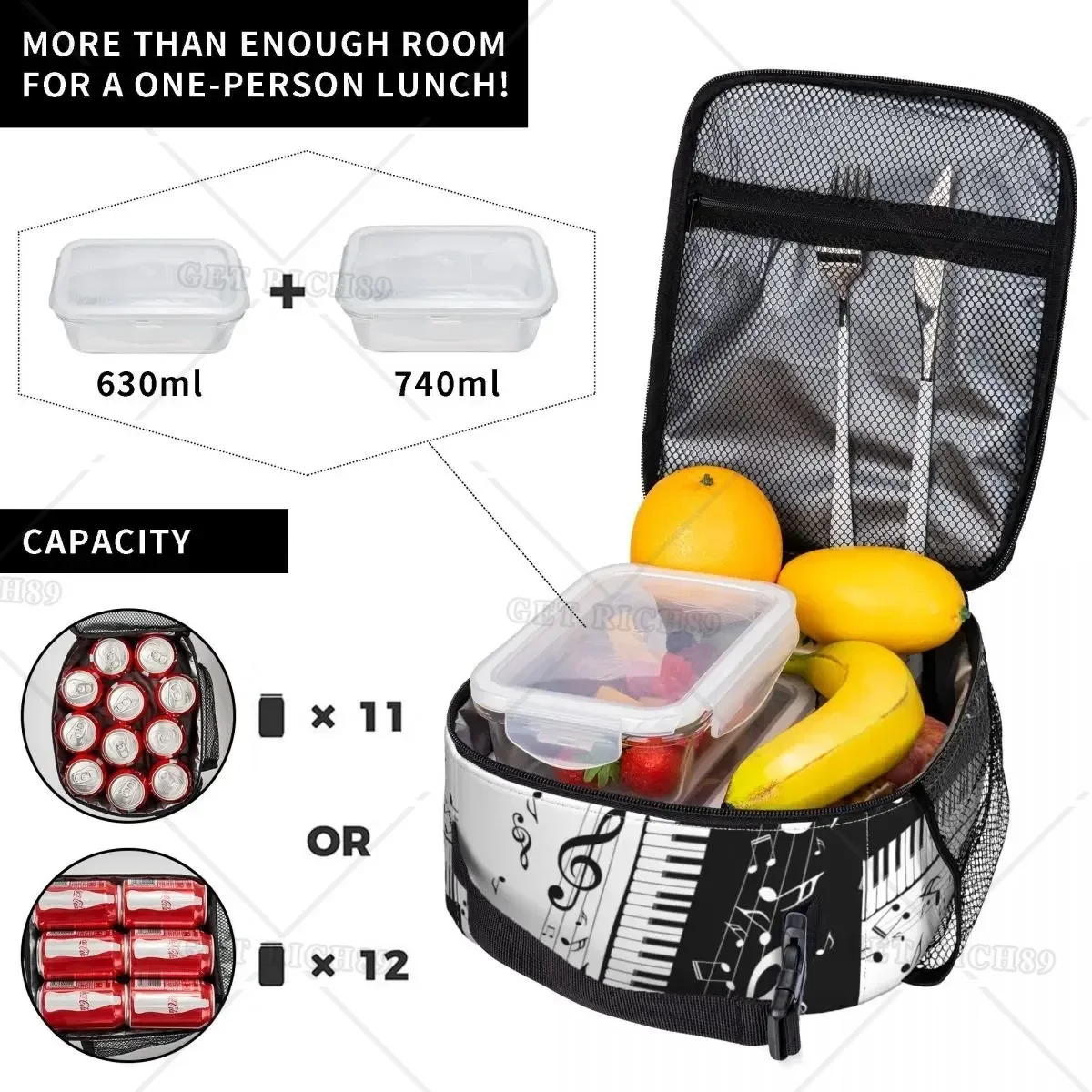 Aesthetic Piano Keys Musician Pianist Accessories Insulated Lunch Bag for Men Women Musical Notes Pianos Lunch Box for Work