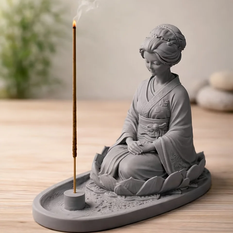 Kimono Maiden Sitting Lotus Incense Stick Holder 3DPrint Statue Japanese Zen Tabletop Censer Tea Yoga Room Meditation Decor Gift