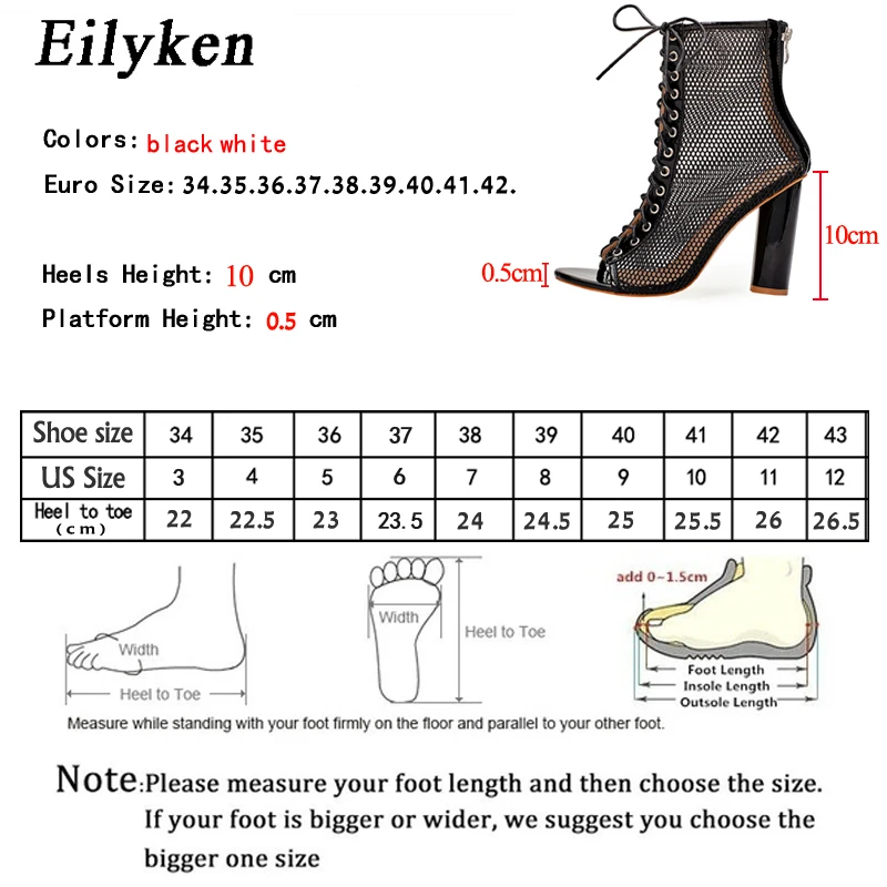 Eilyken Fashion Transparent Square Heels Women Boots Sandals Lace Up Peep Toe Ankle Strap Net Surface Hollow Out Shoes