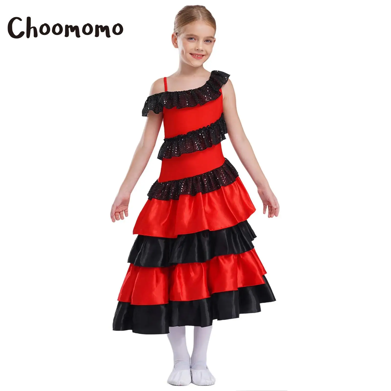 Kids Girls Flamenco Costume Spanish Dancer Satin Full Circle Tiered Ruffles Skirt Halloween Gypsy Festival Dancing Fancy Dress