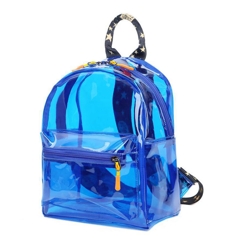 TINYAT Blue Clear PVC Transparent Backpack Women Stadium Approved Security Friendly Lightweight School Bag Travel Small Rucksack
