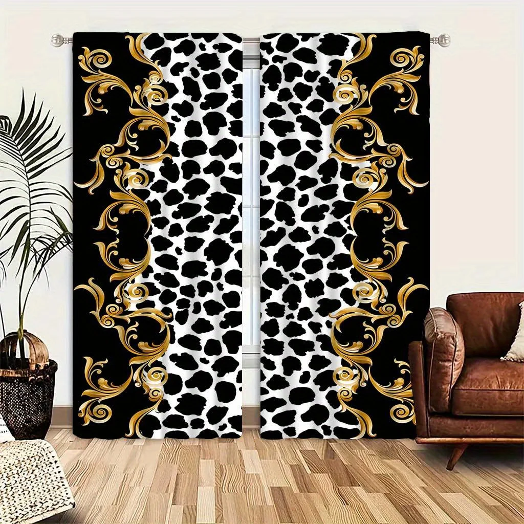 Elegant Golden Leopard Print Curtains with Floral Design for Living Room Bedroom Easy to Hang for Bedroom Kitchen Blinds Window