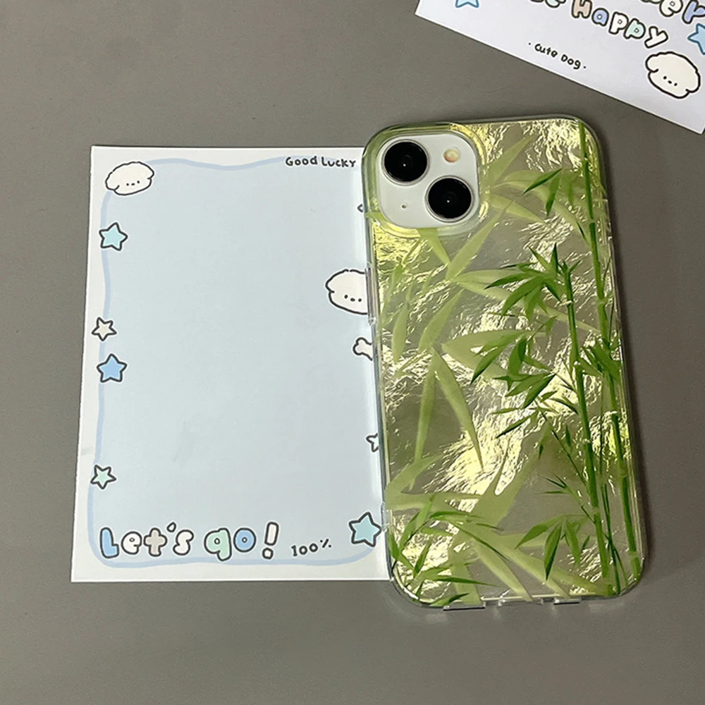IND New Chinese Style Green Bamboo Phone Case For iPhone 16 15 14 13 12 11 Mini Pro Max X XR XSMax 8 Plus Glacier Pattern Cover