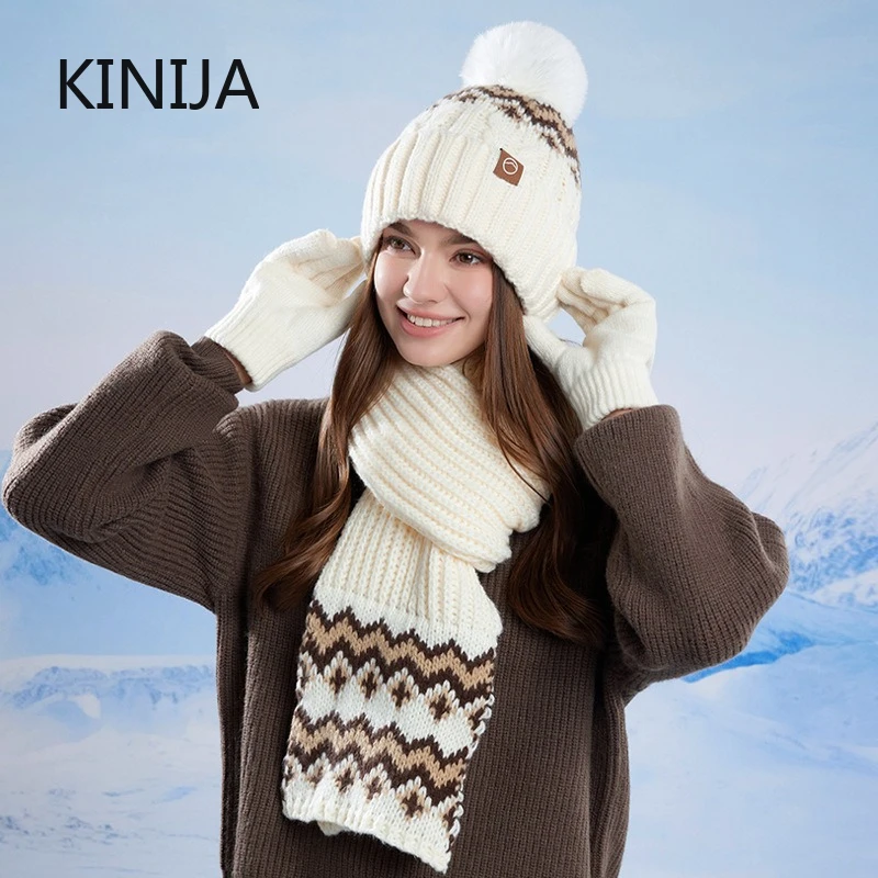 3 Pcs/Set Winter Women Plush Knitted Cold Hat Warm Woolen Head Cap Scarf Gloves Hats Outdoor Ear Windproof Skiing Beanies Cap