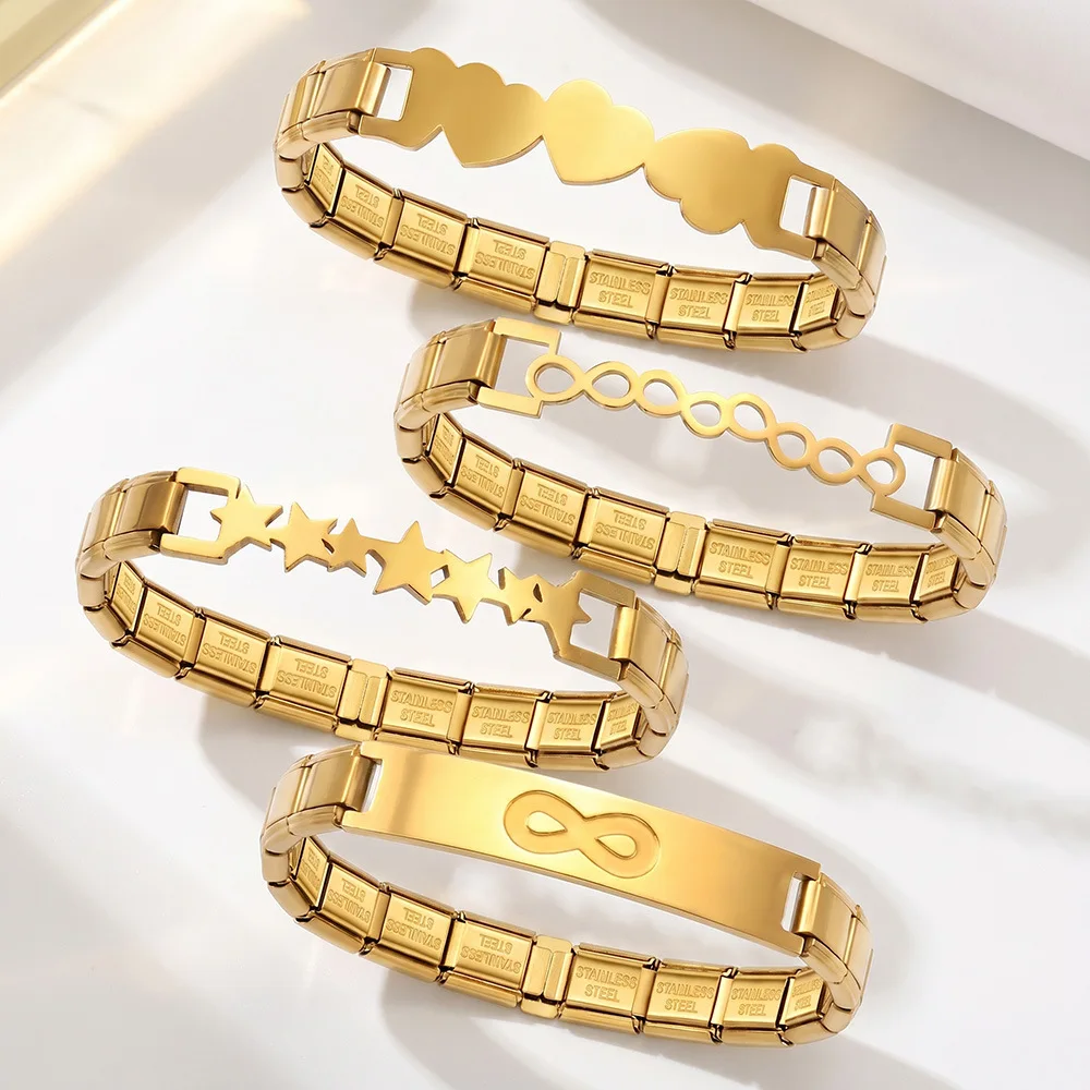 18K Gold Plated Italian Module Bracelet Stainless Steel Elastic Link Star Heart Charm Hypoallergenic Stackable Chain Couple Gift