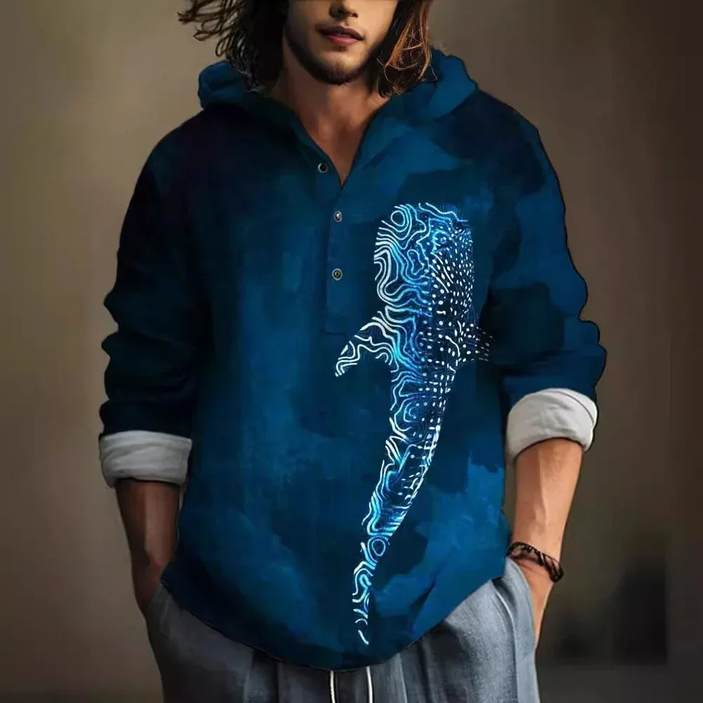 New Men\'s Hoodies Fashion Simple 3-Button Drape Bamboo Linen Spring and Autumn All-match Creative Art Print Baby Fish Shirt