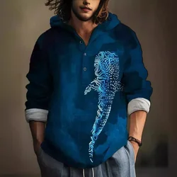 New Men's Hoodies Fashion Simple 3-Button Drape Bamboo Linen Spring and Autumn All-match Creative Art Print Baby Fish Shirt