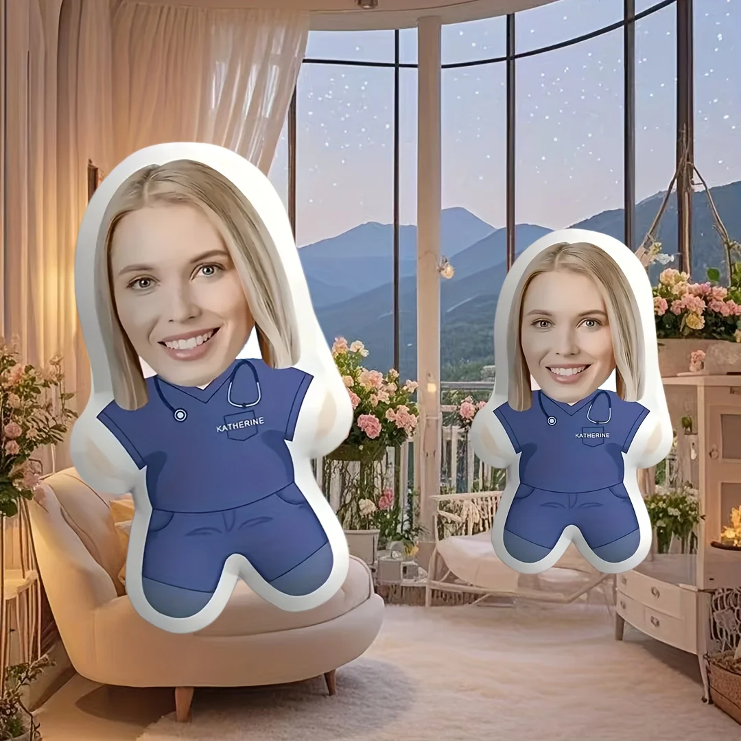 Personalized Doctor Throw Pillow Custom Photo Cushion - with Blue Clothes Decoration - for Christmas, Valentine's Day, Halloween