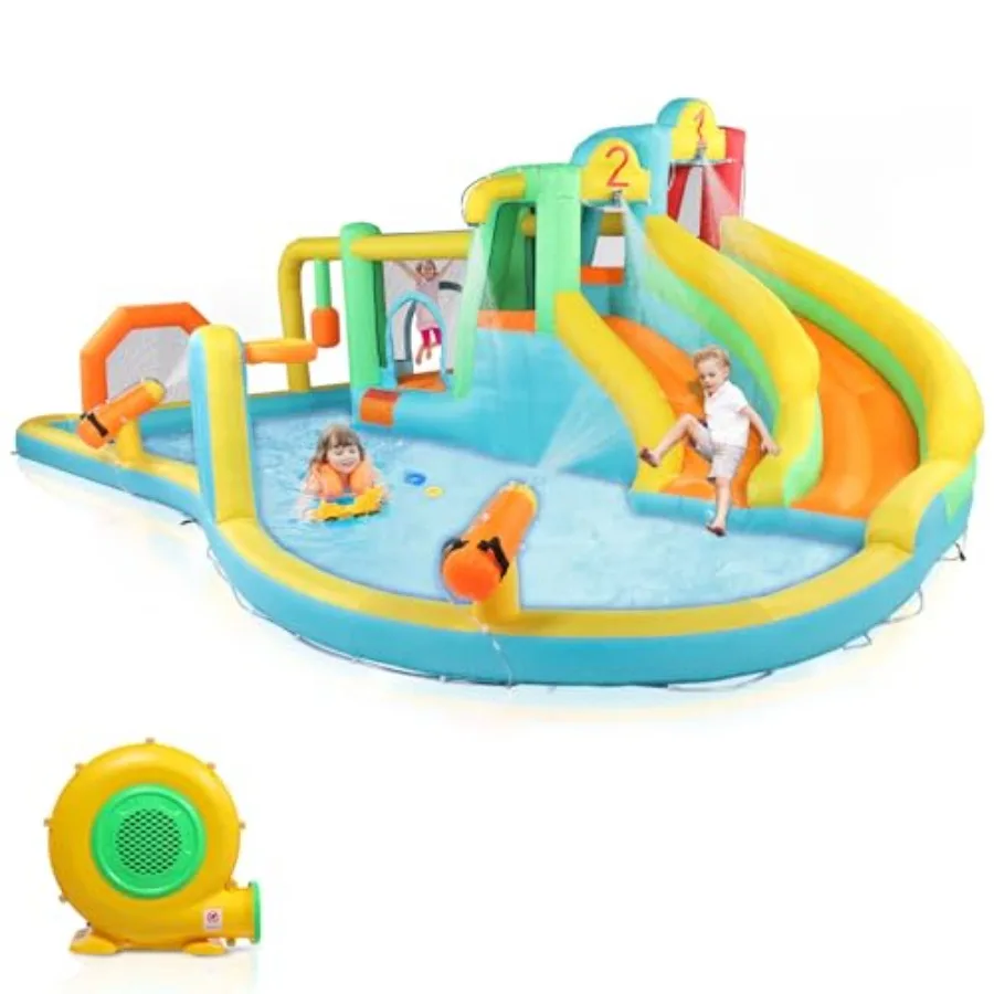 Opblaasbaar springhuis, springende buitenluchtkasteel uitsmijter dubbele waterglijbaan met 750W luchtblazer (250" x 157,5" x 90,6" H