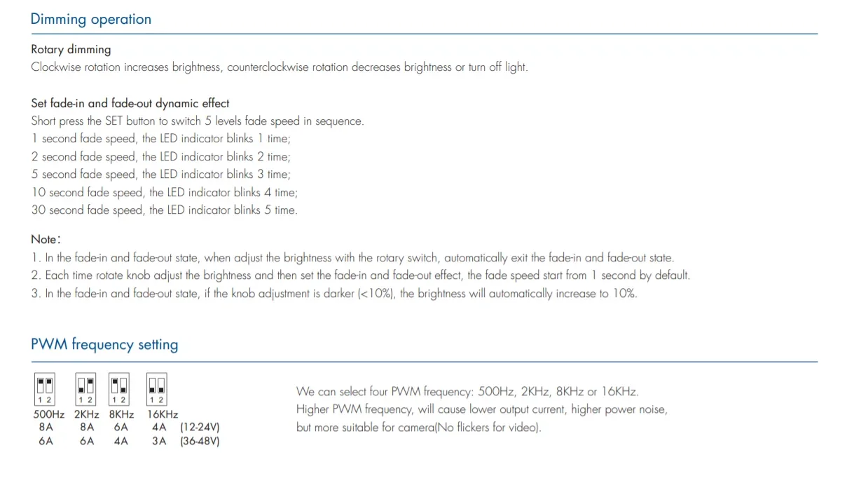 V1-KC 1CH*8A DC12V-48V Rotary LED Dimmer Controller PWM Frequency 500Hz, 2KHz, 8KHz 16KHz Selectable For Single Color LED Strip