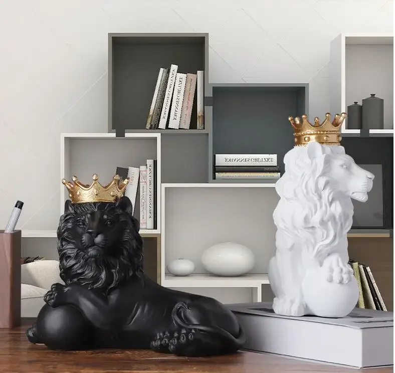 European White Black Crown Lion Resin Accessories Store Hotel Office Sculpture Crafts Home Livingroom Table Figurines Decoration