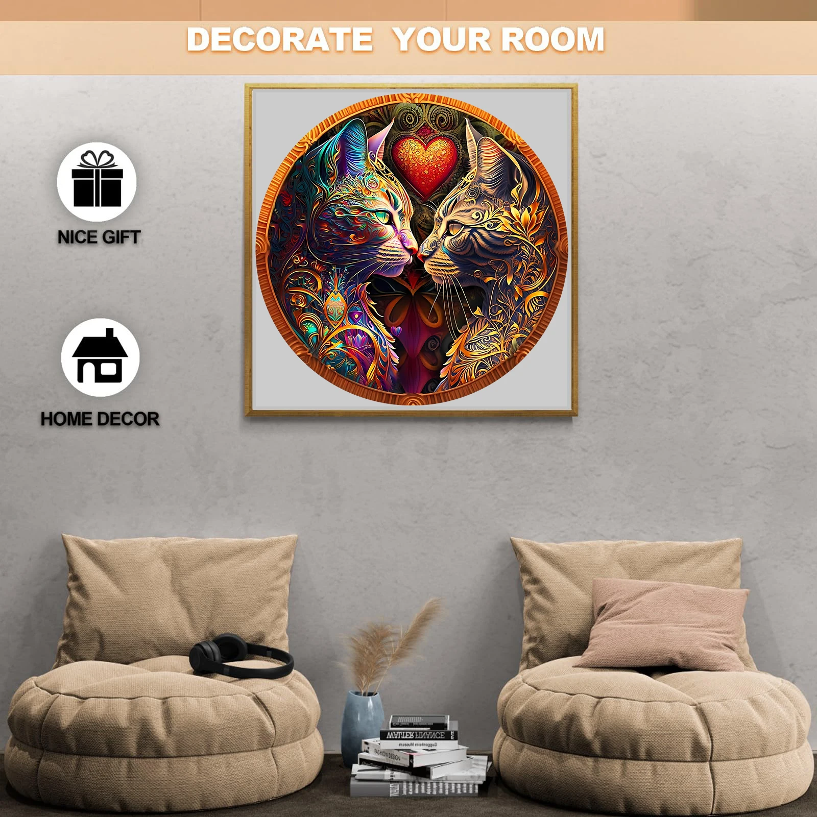 Colourful Cats Wooden Jigsaw Puzzles Art for Adults, Unique Animal Shaped Pieces Stress Relieve Toys, DIY Leisure Game