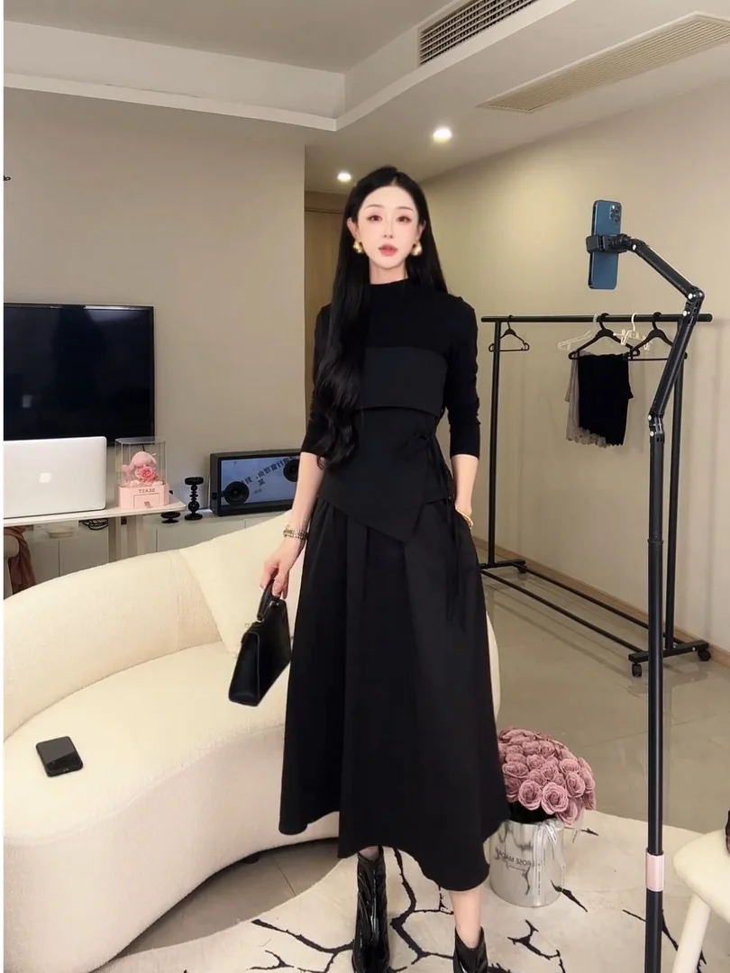 Slimming High Waist Halter Neck Splice Set Women's Fashion Early Autumn New Style Casual Breathable Comfortable T-Shirt Skirt